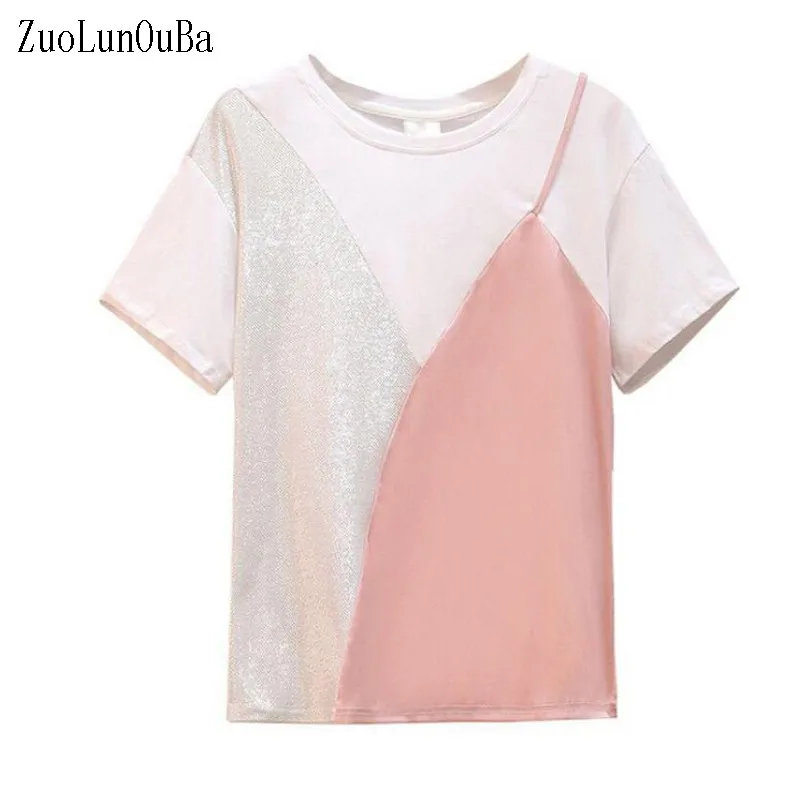 

2022 Summer Women T Shirt Fashion Stitching Harajuku Pullover Short Sleeve Tees Round Neck Fake Two Piece Tops