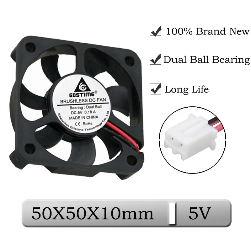 

1pcs Gdstime DC 5V 2Pin 50x50x10mm 50mm Ball Bearing Case CPU Brushless Cooling Fan 5cm 5010 Mini 3D Printer Exhaust Cooler