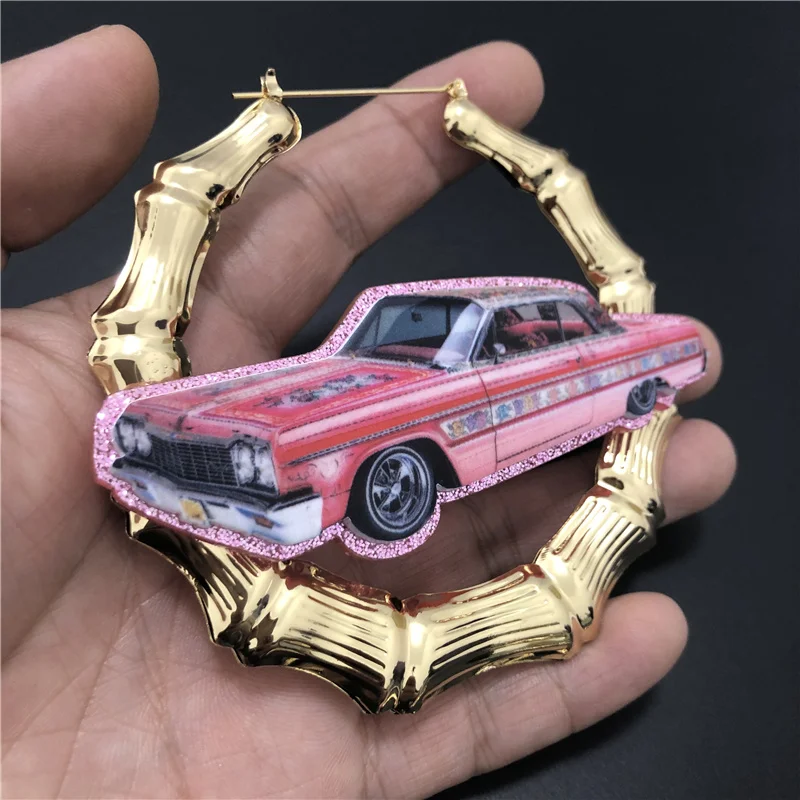 KUGUYS Vintage Pink Lowrider Car Bamboo Hoop Earrings for Women Retro Glitter Acrylic Trendy Accessories Rock HipHop Jewelry