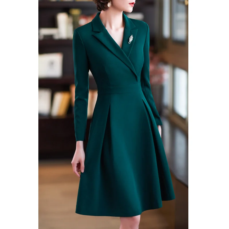 Frühling Herbst Frauen Elegante Blazer Kleid Langarm V-ausschnitt Slim A-linie Midi Kleider Büro Damen Arbeiten Formale Kleidung übergroßen