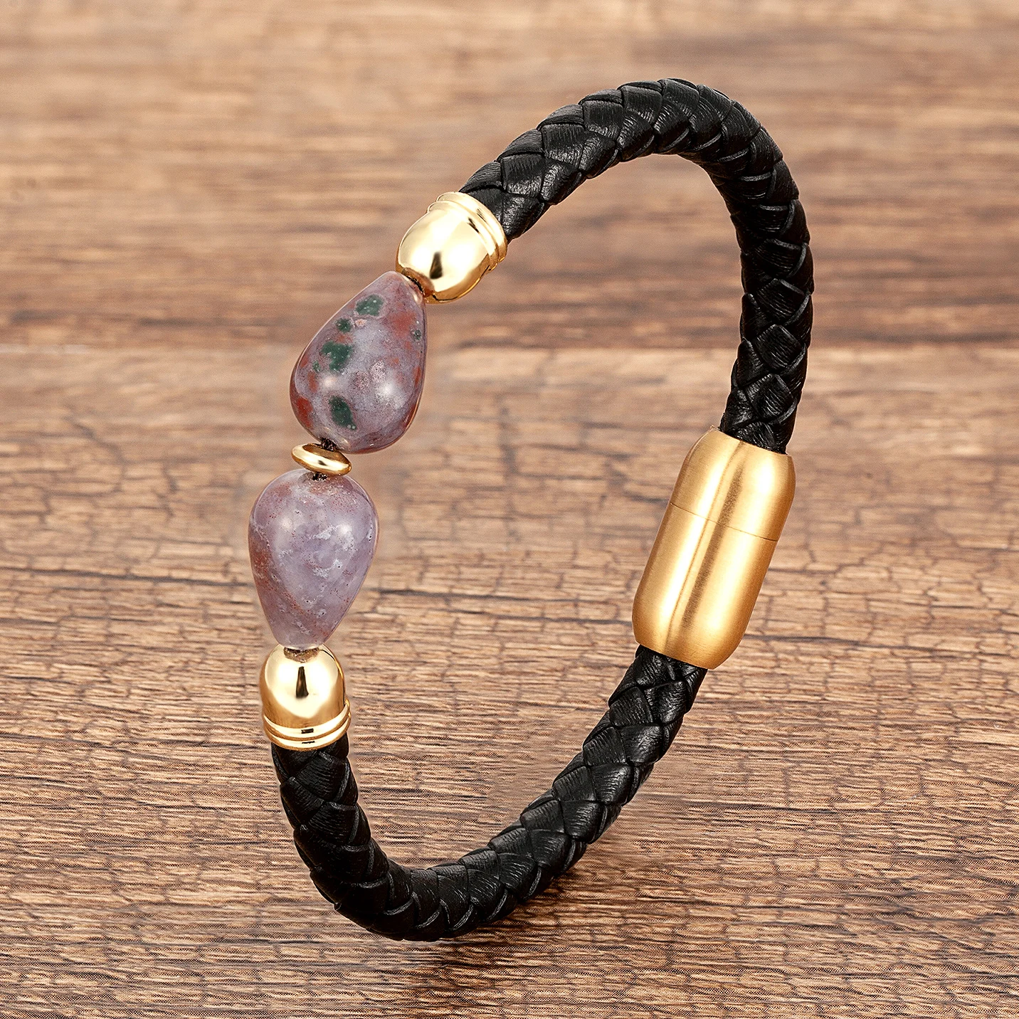 Newest Design Genuine Leather Charms Bracelets For Women Stainless Steel Magnetic Clasp Simple Natural Stone Bracelet & Bangle
