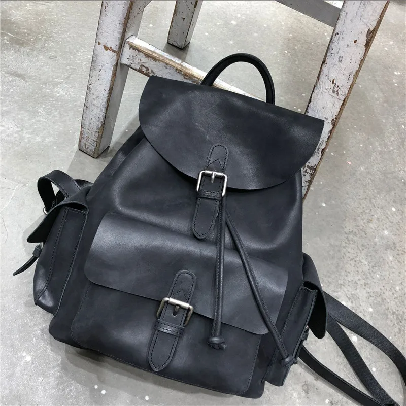 Natural Cowhide Women Leather Backpack Female Bag Retro Handwork Student Schoolbag Drawstring Hasp Travel Motorcycle Rucksack