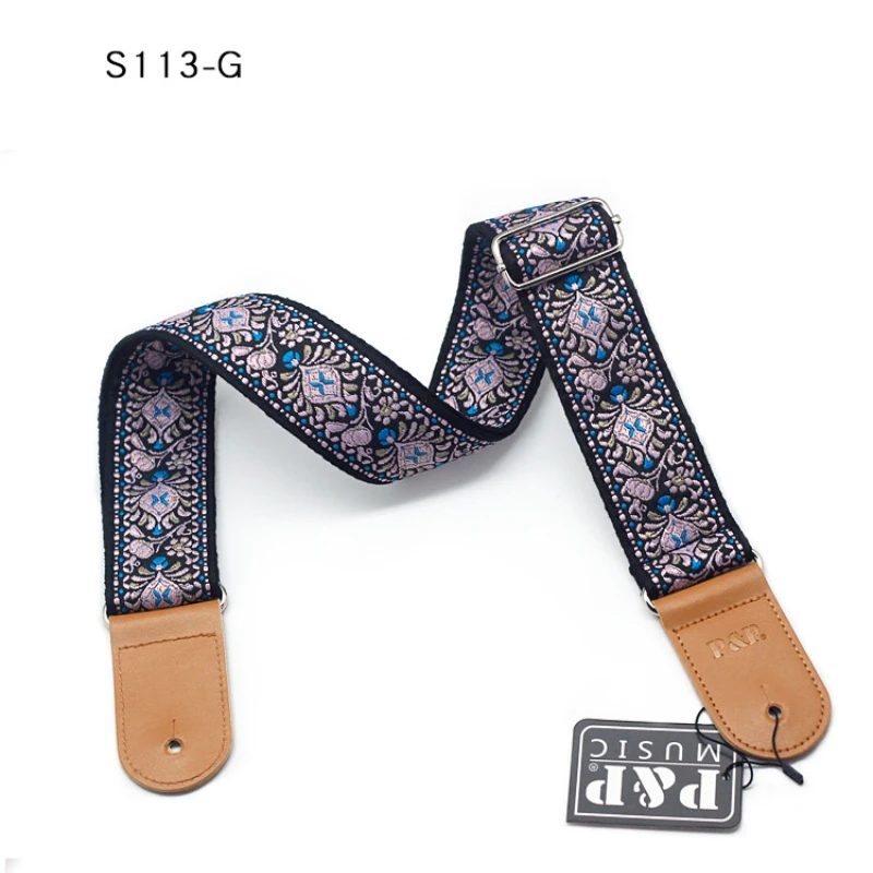 Guitar Strap Embroidery Belt Adjustable Jacquard Band with Leather End for Bass Acoustic Electric Folk Guitar Musical Instrument