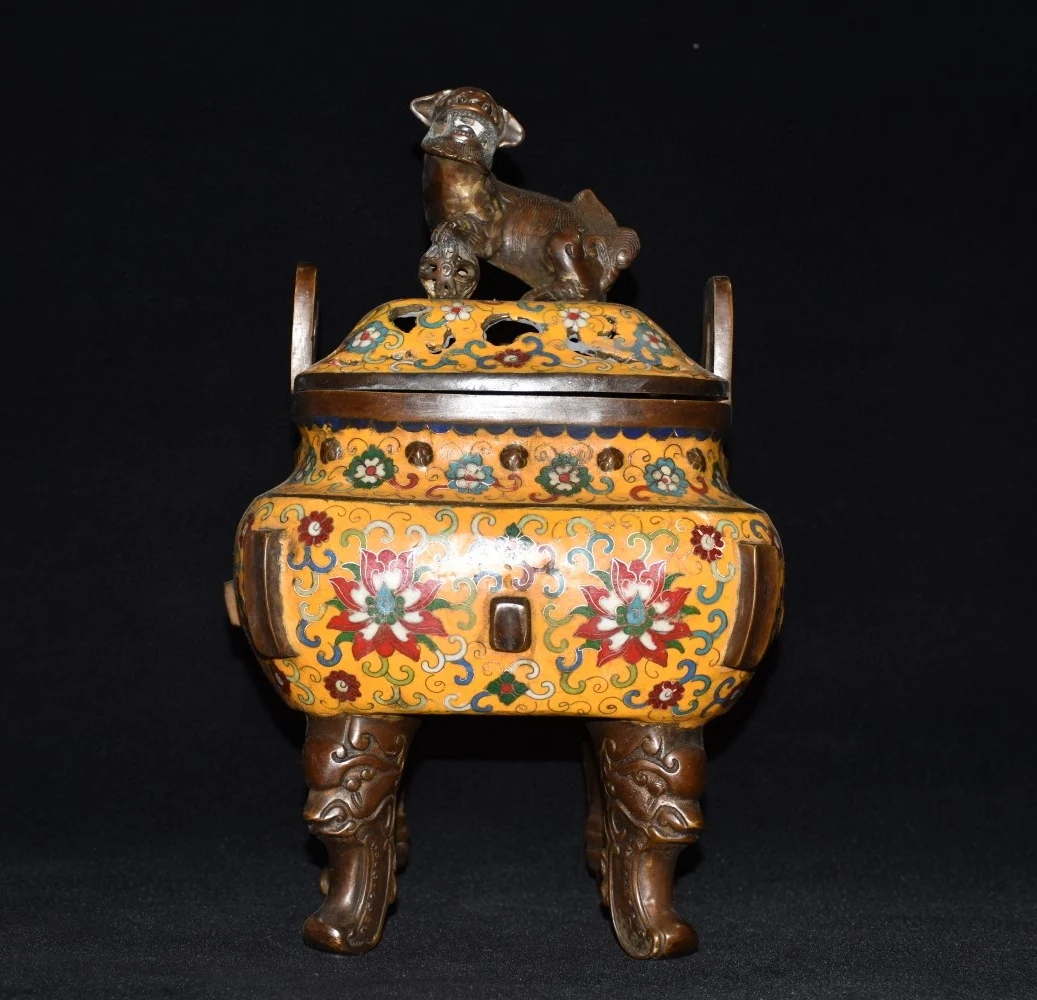 

13"Tibet Temple Collection Old Bronze Cloisonne Lion statue Square Quadruped incense burner Ornaments Town House Exorcism