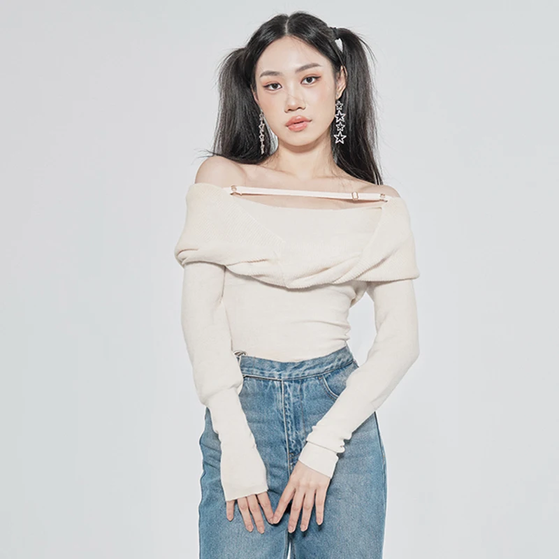 VGH Solid Sexy Sweater For Women Slash Neck Long Sleeve Cut Out Slim Knitting Pullover Female Korean Fashion Clothing 2024 Style