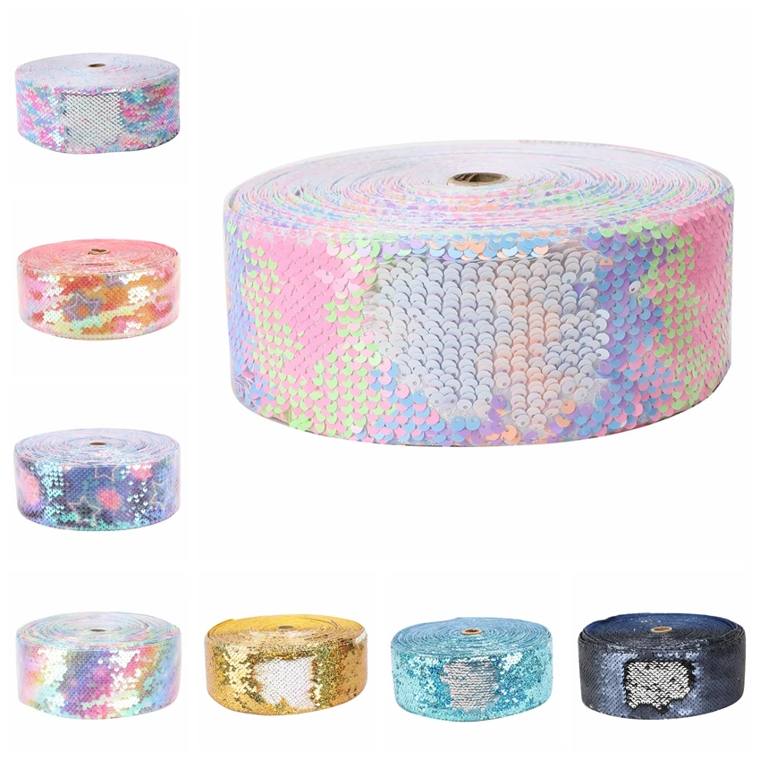 

HSDRIBBON 3 inch 75mm New Sequin Fabric Reversible Glitter Sequin Ribbon 25Yards/Roll