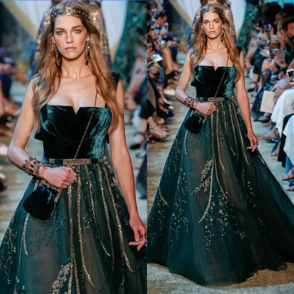 Dark Green Velvet Prom Dresses Square Neck A Line Beaded Appliques Evening Gowns Custom Made Designer Formal Dresses