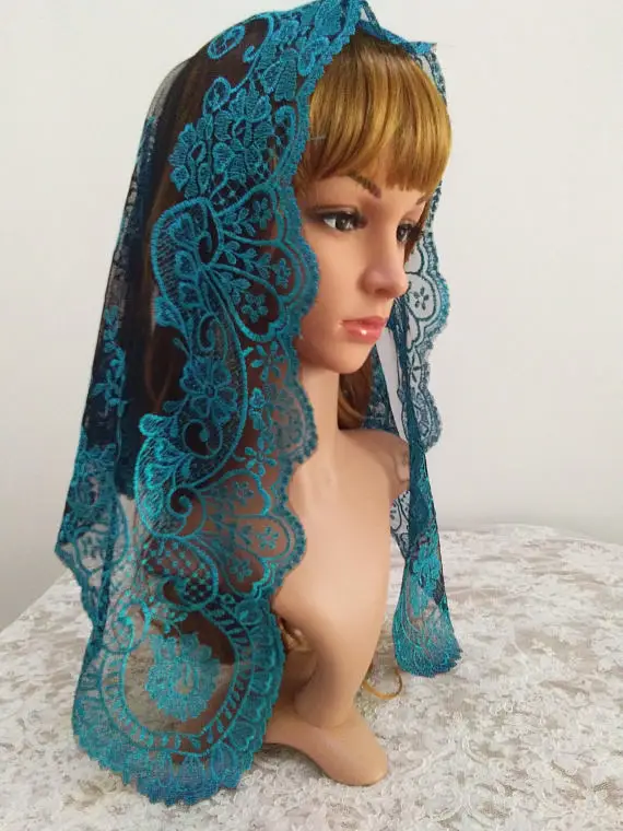 Blue on Black Lace Shawl Chapel Catholic Veil Embroidery Spanish Lace Mantilla