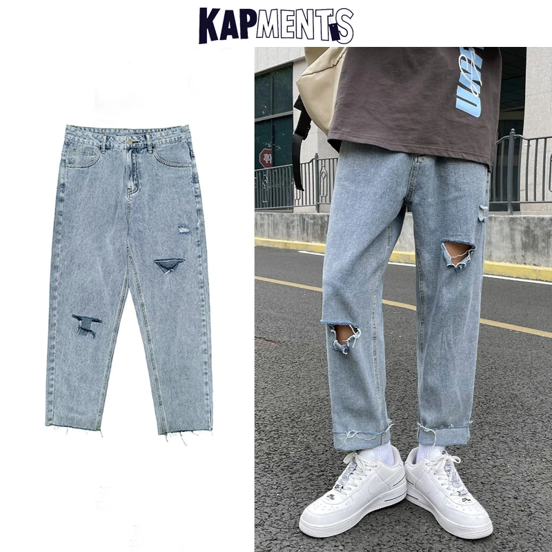 KAPMENTS Men Korean Streetwear Hip Hop Ripped Jeans 2023 Spring Mens Vintage Fashions Cargo Pants Denim Joggers Casual Trousers