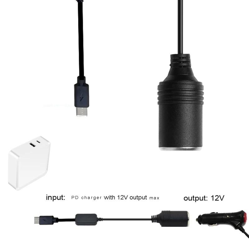 USB C PD typ C męski na 12V gniazdo zapalniczki samochodowej kobieta Step Up kabel do rejestrator jazdy GPS e-dog wentylator samochodowy — zdjęcie produktu 3