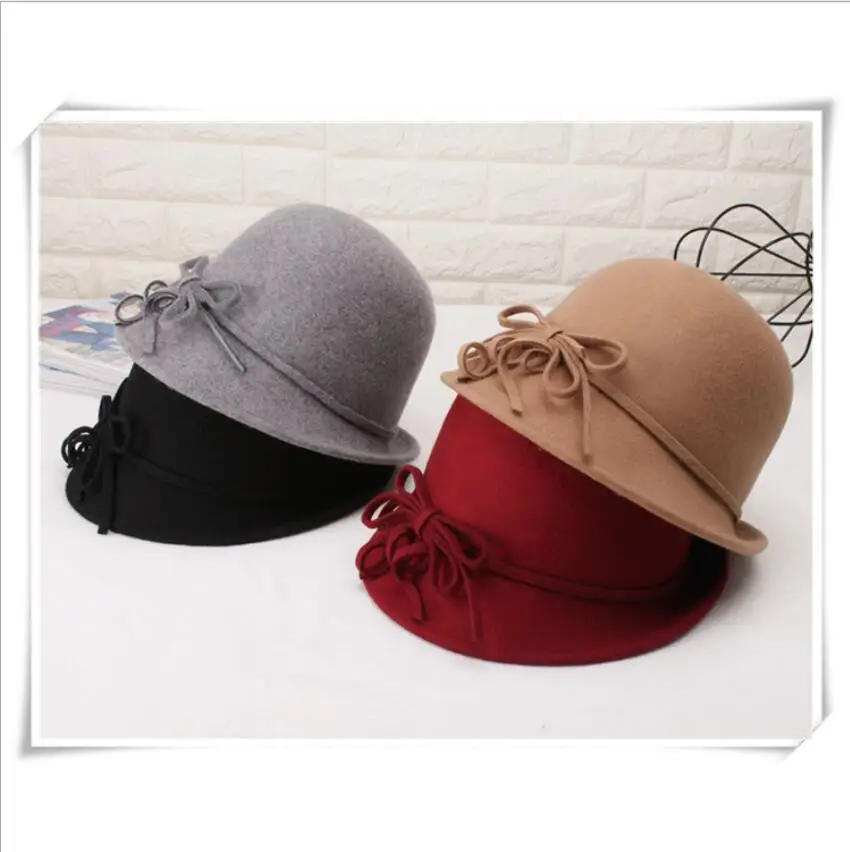 

100% Wool Bowtie Rope Ribbon Bucket Hat New Popular Cool Winter Hat High Quality Beautiful Comfortable Round 2020 Hats For Women