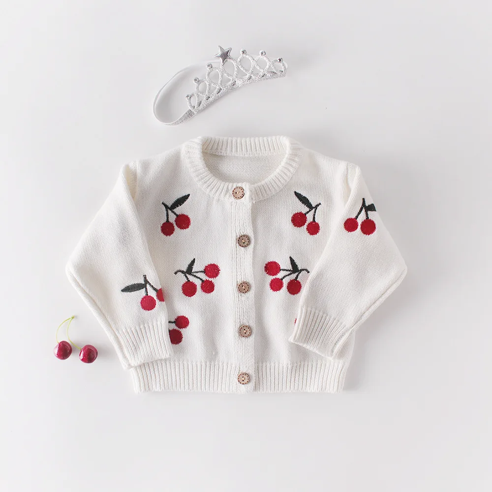 0-24M Newborn Kid Baby Girls Clothes Autumn Winter Warm Knitted Top Long Sleeve Cherry Print Cardigan Sweater Cute Knitwear Coat