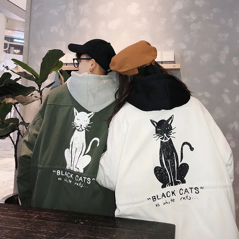 Lovers Autumn And Winter Thickening Loose Cotton-padded clothes Korean Edition students printing casual large size Cashmere coat