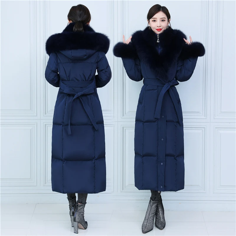 Русский теплый меховой пуховик Fit -30℃ cold Winter Thicker Longer Duck Down Coats Female Large Real Fox Fur Hooded Parkas wy431