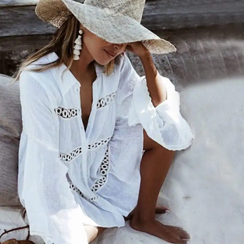 Women Swimsuit Cover Ups Mandarin Sleeve Kaftan Beach Tunic Dress Robe De Plage Solid White Pareo Beach Cover-ups