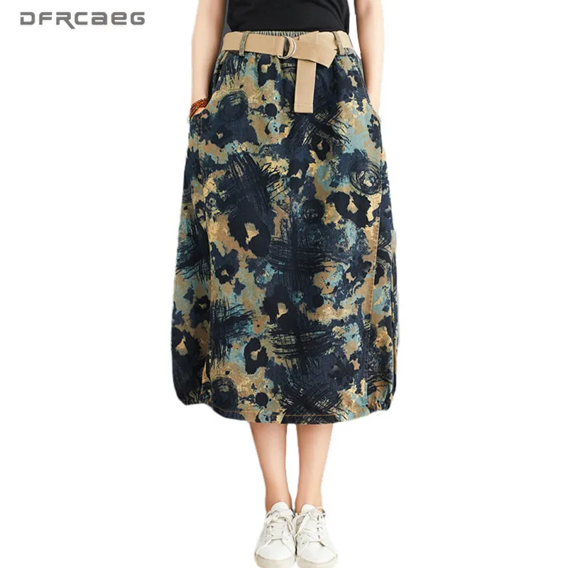 Print Ethnic Women\'s Jean Long Skirt With Belt 2024 Summer Streetwear Elastic Waist Vintage A-Line Denim Skirts Feminina