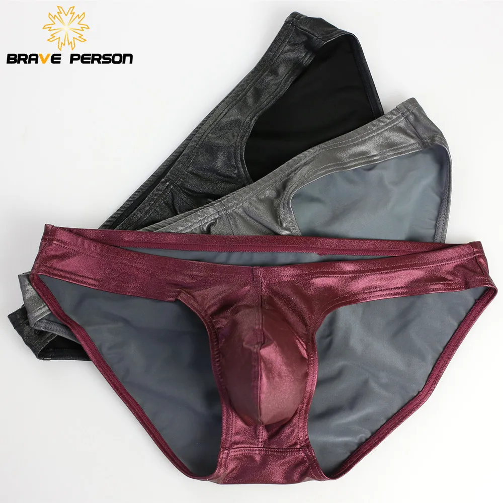 BRAVE PERSON Sexy Underwear Imitation Leather Men Briefs Mens Low-waist Underpants Briefs Shorts Man Sexy Panties