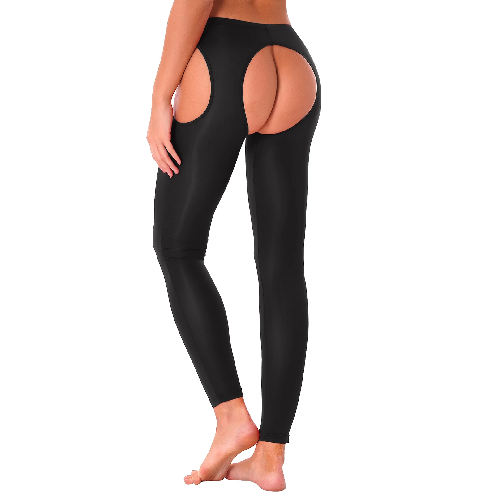 Nữ Crotchless Quần Legging Đùi Vớ Cổ Cao Ice Silk Cao Cấp Thun Treo Áo Quần Khoét Hở Chân Quần Dài