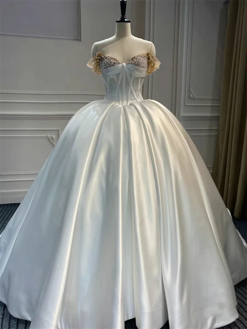 Pérolas vestido de casamento branco fora do ombro mangas curtas vestidos de noiva sem alças feito sob encomenda rendas até graciosa vestido de novia