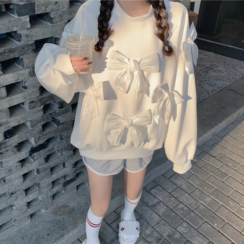 Japanese Sweet Bow Sweatshirts Loose Oversized Hoodies Women Long Sleeve Pullovers Top Mid-Length Kawaii Clothes Moletom