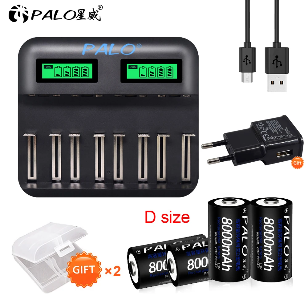 Palo 1.2V 8000mAh NiMh D Size Rechargeable Bateries R20 with USB Quick Recharger Smart LCD Display AA AAA CD Batteria Charger