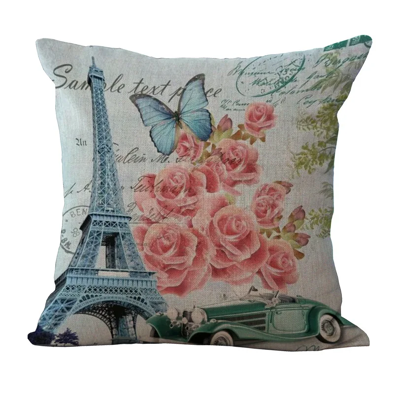 Fashion High Quality Cotton Linen Retro France Paris Eiffel Tower Car Decorative Throw Pillow Case Cushion Cover Sofa Home Decor