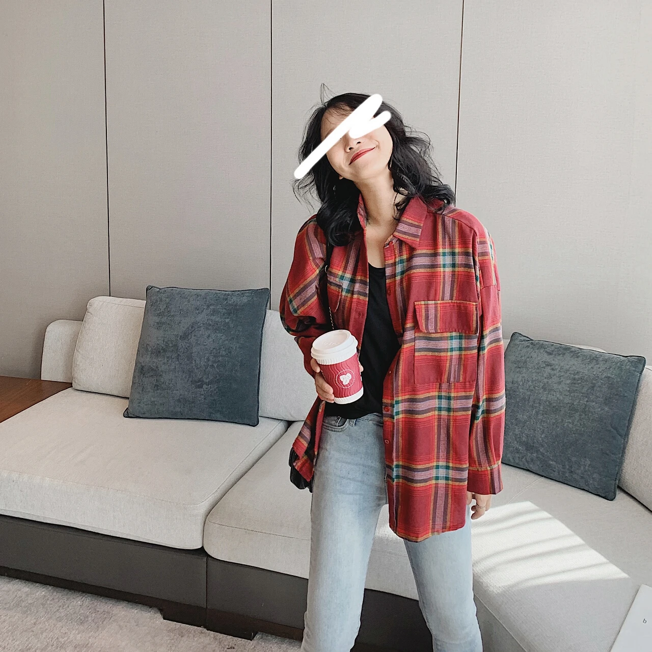 2023 Women Red Plaid Checkered Shirt Blouse Top New Woman Sweater Clothing Elegant Tunic Dress Oversize Long Sleeve Korean Sprin