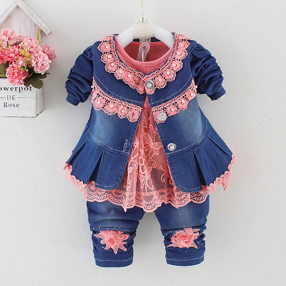 Spring Autumn Infant Toddler Baby Girl Denim Clothing Sets 3 pcs Long Sleeve T Shirt Tops Denim Jacket and Jeans Trousers