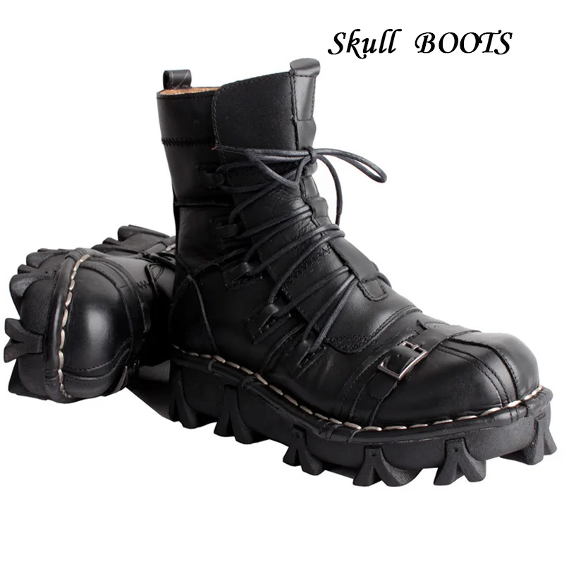 Men\'s Cowhide Genuine Leather Work Boots Military Combat Boots Gothic Skull Punk Fashion Boots Motorcycle Boots 50 Vintage