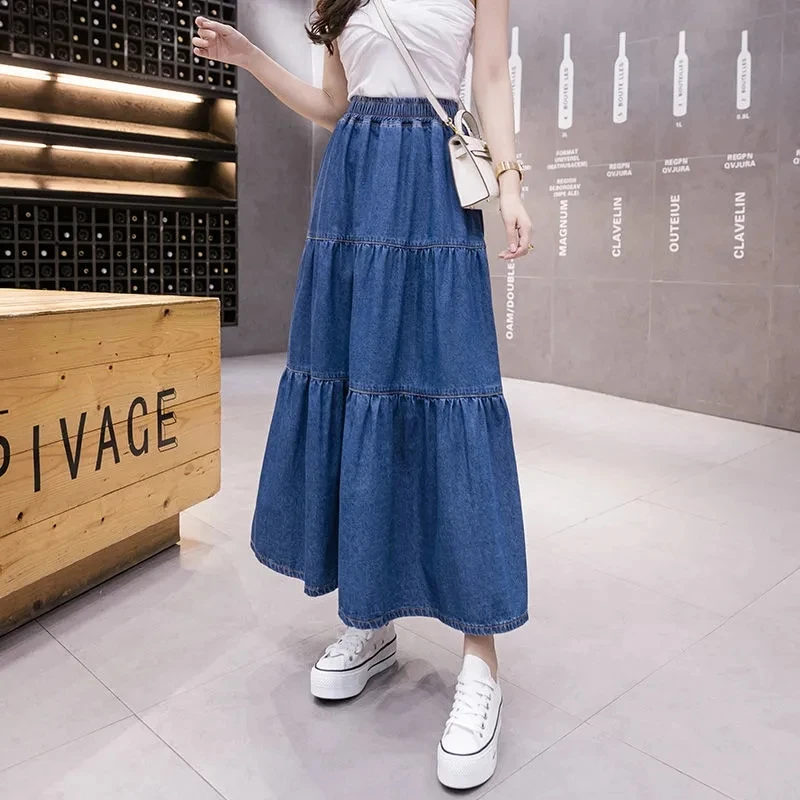 

Denim Long Skirt Women 2023 Spring Summer New Korean Style Elastic High Waist Patchwork A Line Midi Skirt Plus Size Jean Skirts