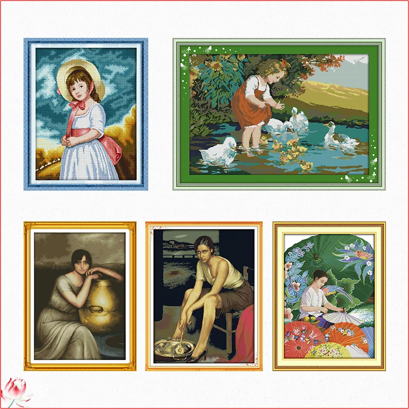 Oil Painting Girl Series Cross Stitch Kit DIY Pattern 14CT 11CT Embroidery Set Needlework Home Decoration Craft Painting Gift