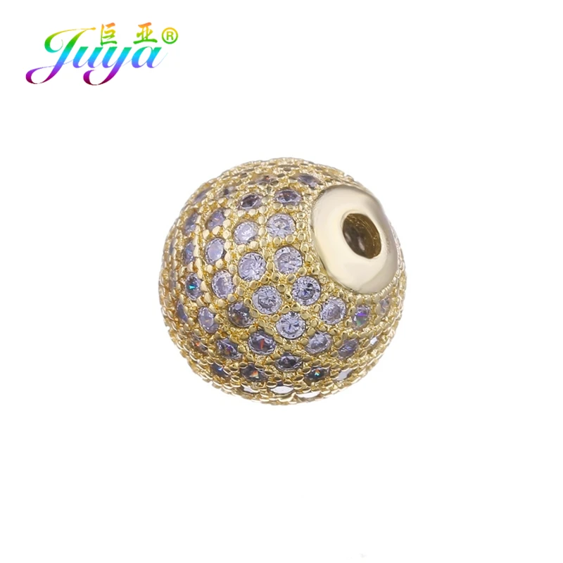 Juya Micro Pave Zircon 5 6 8 10 12 13 14mm Metal Disco Ball Charm Beads DIY Natural Stones Needlwork Beads Jewelry Handmade