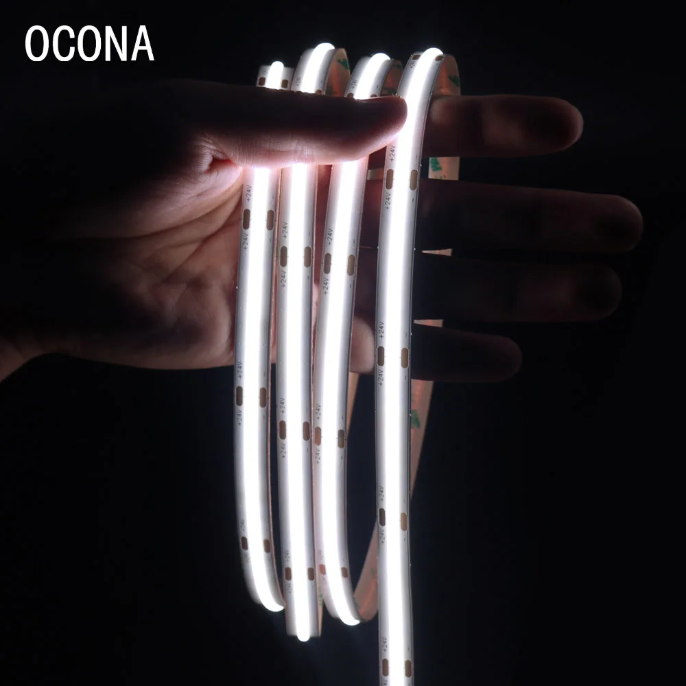 OCONA Top Quality 5m COB LED Strip Light 8mm High CRI Ra90 Flexible 480 LED Tape Lights Ribbon 12V 24V Warm White Dimmable 5000K