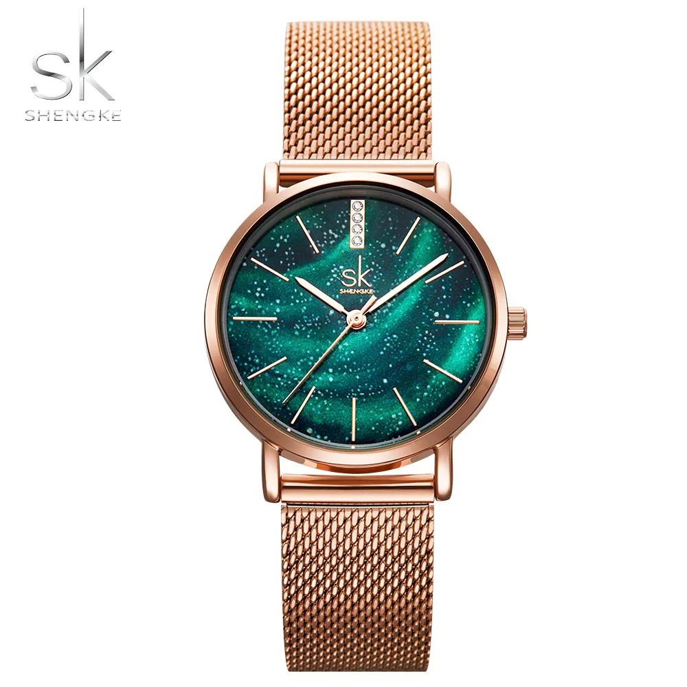 Shengke Frauen Uhren Starry Grün Zifferblatt Mesh Band Damen Armbanduhr Ultra-dünne Edelstahl Band Quarz Montre Femme Geschenk