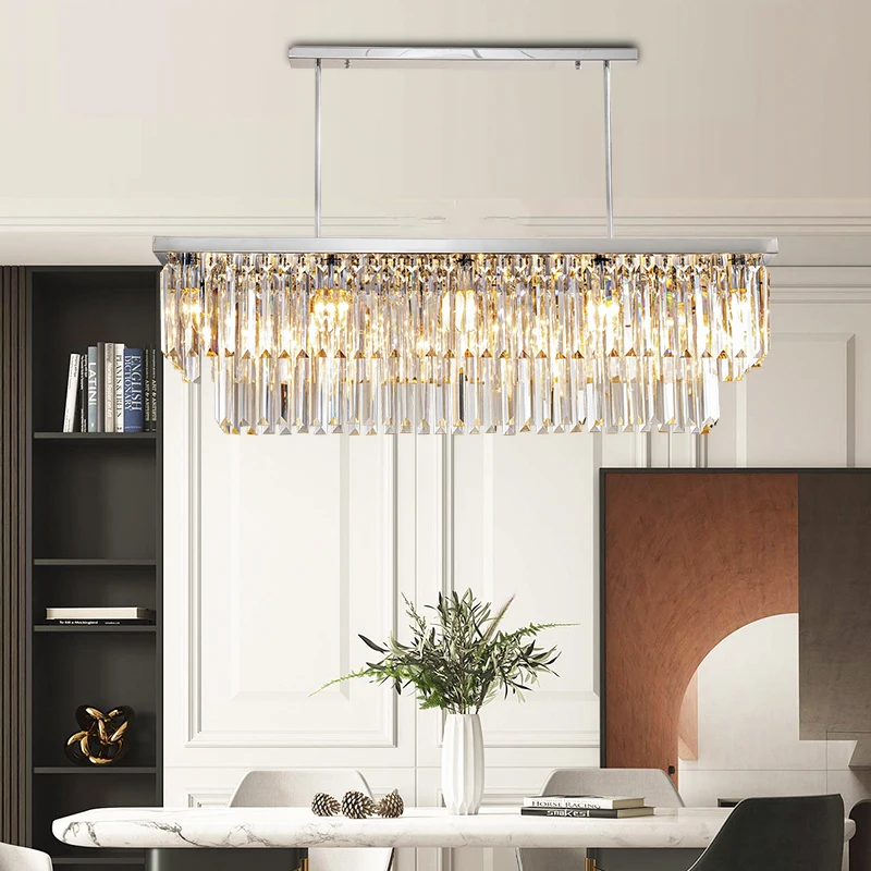 Imagem -04 - Modern Prata Cristal Lustre para Sala de Jantar Retângulo Led Luz Cozinha Ilha Suspensão Luxo Lâmpadas Home Decor