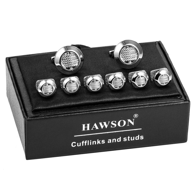 HAWSON New Style Cufflinks and Studs for Men Simple Metal Cuff Button Set Fashion Wedding Business Gift with HAWSON LOGO