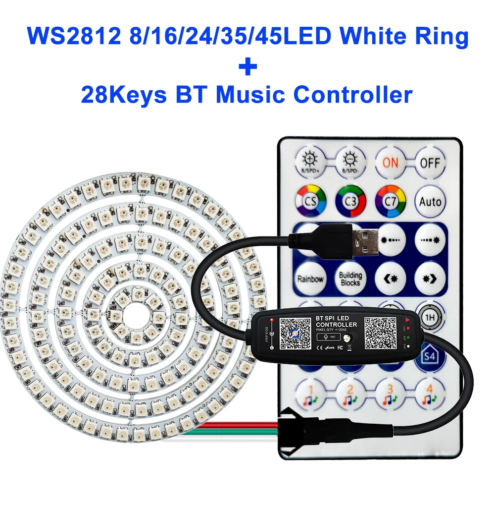 FUNZENXIN WS2812B Individuell adressierbarer LED-Ring 5050 RGB mit USB 28 Tasten Bluetooth-Musik-Controller-Kit BuiIt-in 8/16/24/35/45 Pixel 8