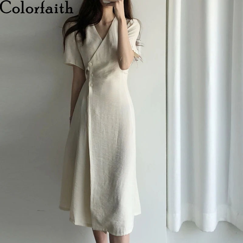 Colorfaith New 2021 Women Summer Dresses V-Neck Lace Up High Waist Vintage Elegant Korean Style Pure Lady Long Dresses DR3135A