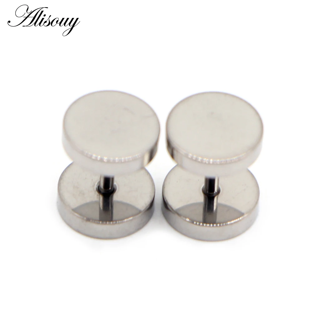 Alisouy 2pcs Gothic Stainless Steel Barbell Round Stud Earrings For Women Men Dumbbell Pierceing Earrings Punk Fashion Jewelry