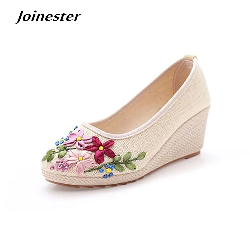 Slip-on Women Cotton Flax Flower Wedge Pumps Round Toe Ethnic High Heel Loafers for Ladies Vintage Dress Shoes Girl Pump Sandals