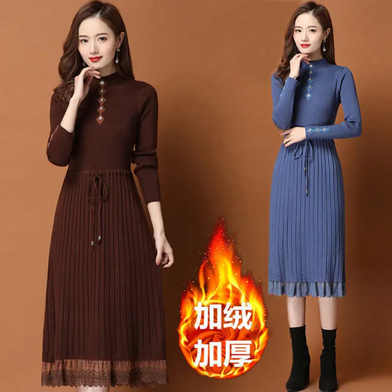 Women Dresses Mid-Length Shirt below the Knee Sweater Dress Autumn  Winter New Knitted Dress for Women Vestido De Mujer