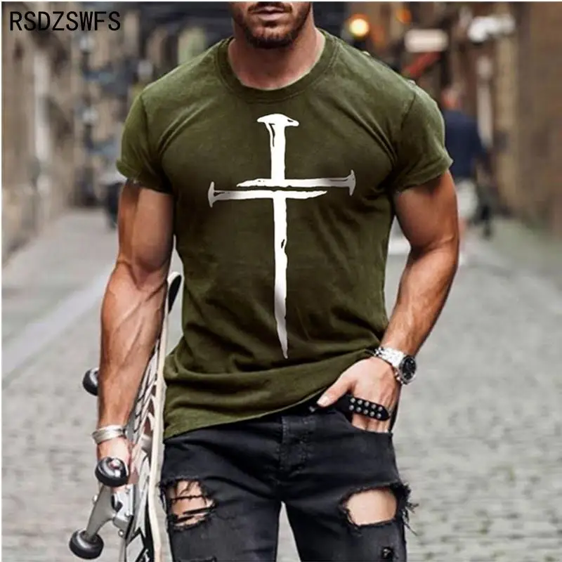 Men\'s Jesus Christ Cross 3D printed T-Shirt Summer Casual All-Match Fashion Short-Sleeved Oversized Round Neck Streetwear