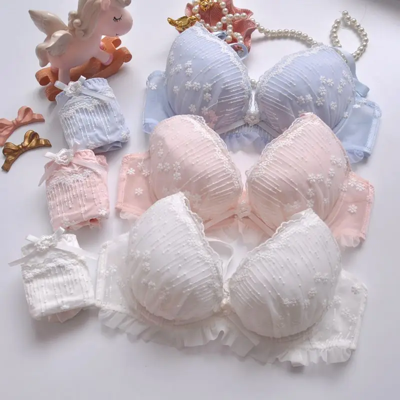 

Japanese cute loli bralette multi-color pure embroidery sweet lovely deep V with steel ring gathered thin cup girl bra and panty