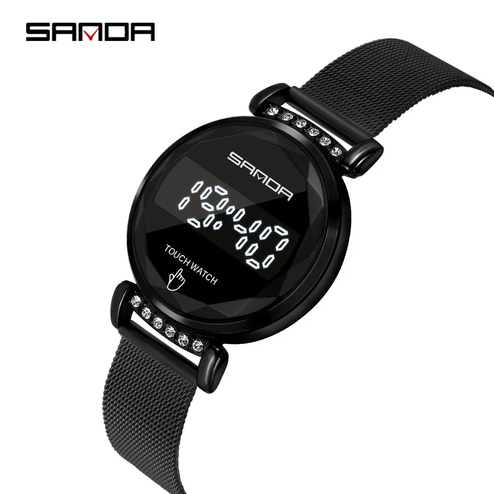 Luxury Women's Watch Fashion SANDA Top Brand Digital Wristwatch Touch Screen Waterproof Clock Ladies Dress Mesh Steel Watches