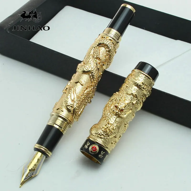 

JINHAO Vintage Silver/Gold/Gray Fountain Pen Two Dragon Play Pearl, Metal Luxurious Carving Embossing Heavy Pen for Office