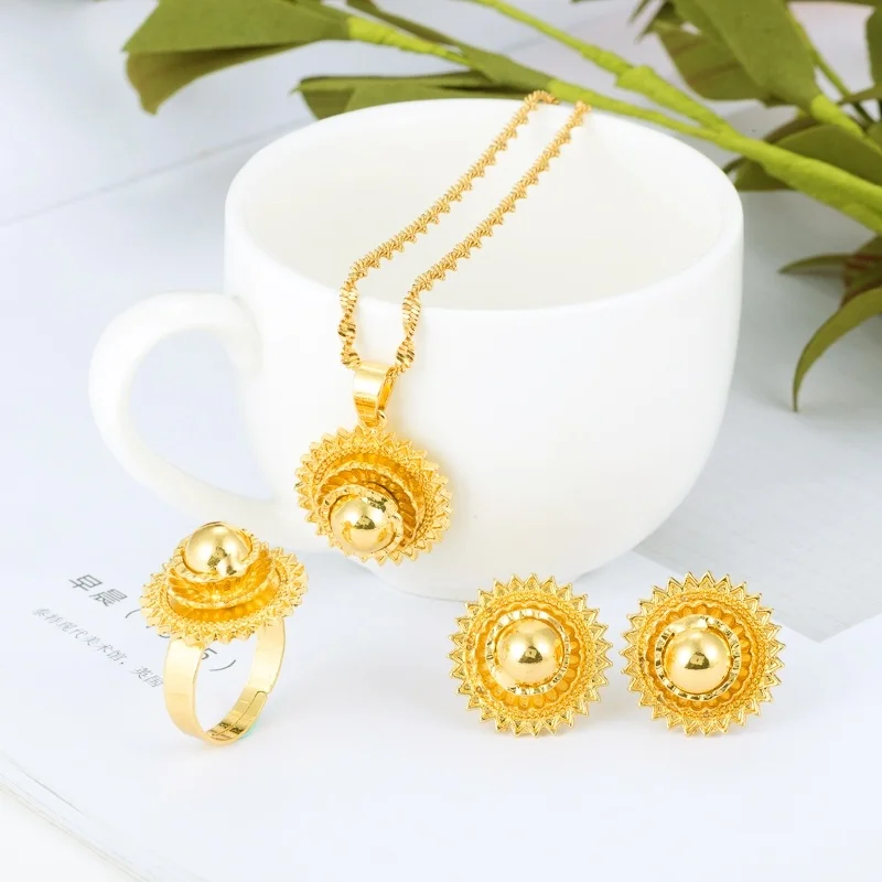 Ethiopian Necklace Earrings Ring Set African Bridal Jewellery sets Habesha Eritrea Wedding Small Jewelry set Dubai Jewelry