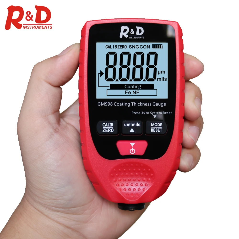 

R&D Car Paint Paint Coating Thickness Gauge Electroplate Metal Coating Thickness Tester Meter 0-1500um Fe & NFe Probe GM998 Red