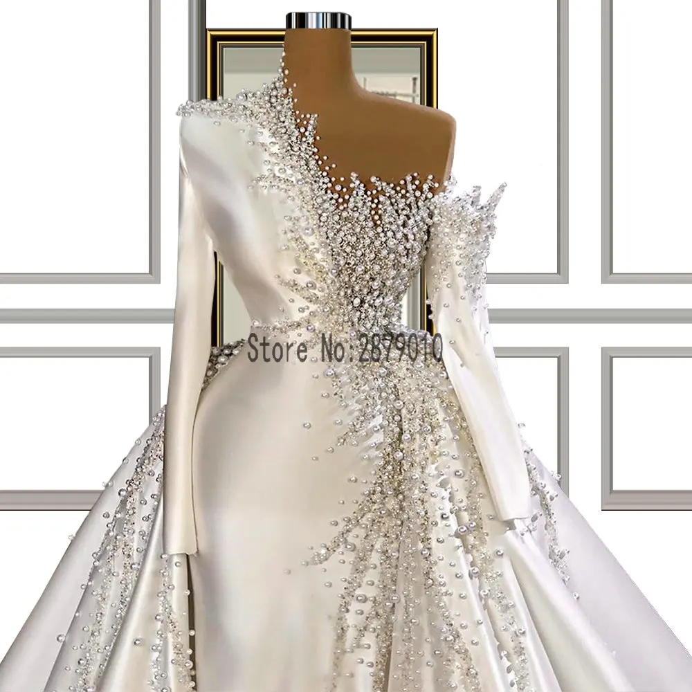 Long Sleeve Pearls Mermaid Wedding Dresses with Removable Train Satin Bridal Gowns Custom Made