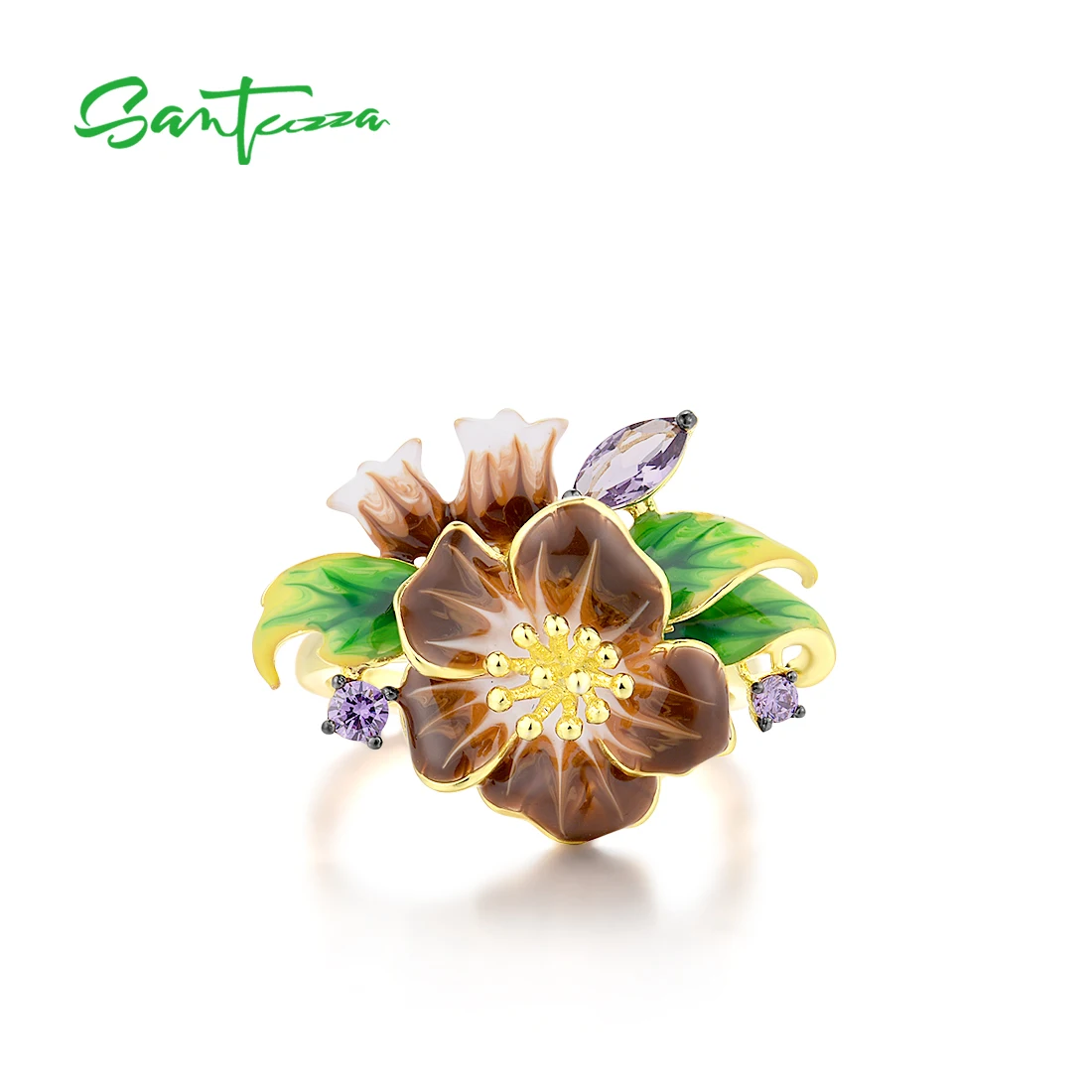 SANTUZZA Pure 925 Sterling Silver Rings For Women Exquisite Blooming Flower Amethyst CZ Ring Party Fine Jewelry Handmade Enamel image 2