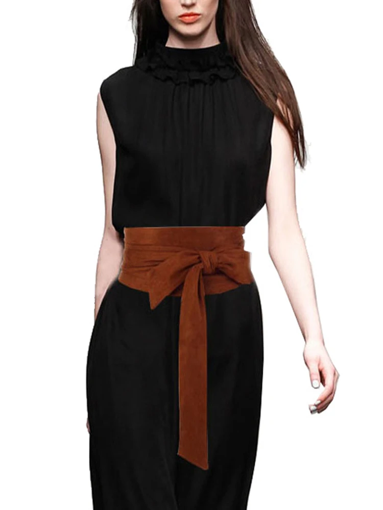 KASURE Woman Waist Belt Suede Wide Corset Black Brown Bow Tie Female Adjustable Belt Dress Skirt Decoration